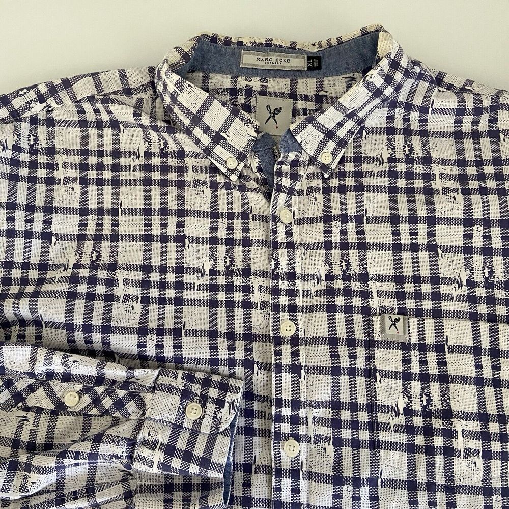 Marc Ecko Mens XL Blue Gingham Button Down Shirt Distressed Texture Casual